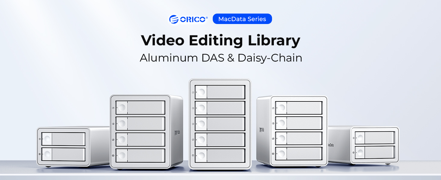 ORICO Video Editing Library system showing multiple aluminum DAS storage units of varying sizes in a daisy-chain configuration.