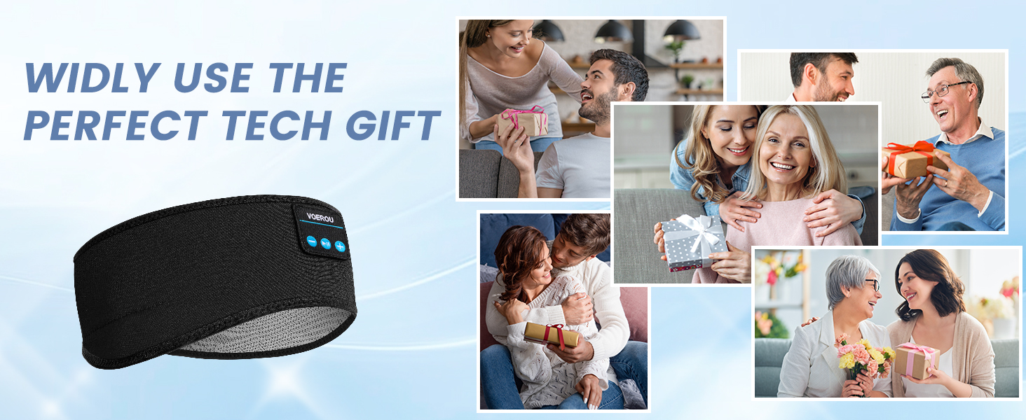 Black headband with blue LED lights. Text overlay: 'WIDLY USE THE PERFECT TECH GIFT'. Collage of people using smartphones and tablets.