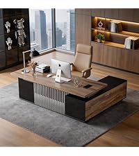 63 Inch L-Shaped Executive Desk, Industrial Modern Wood Office Desk with Locking Drawers, Built-in C...