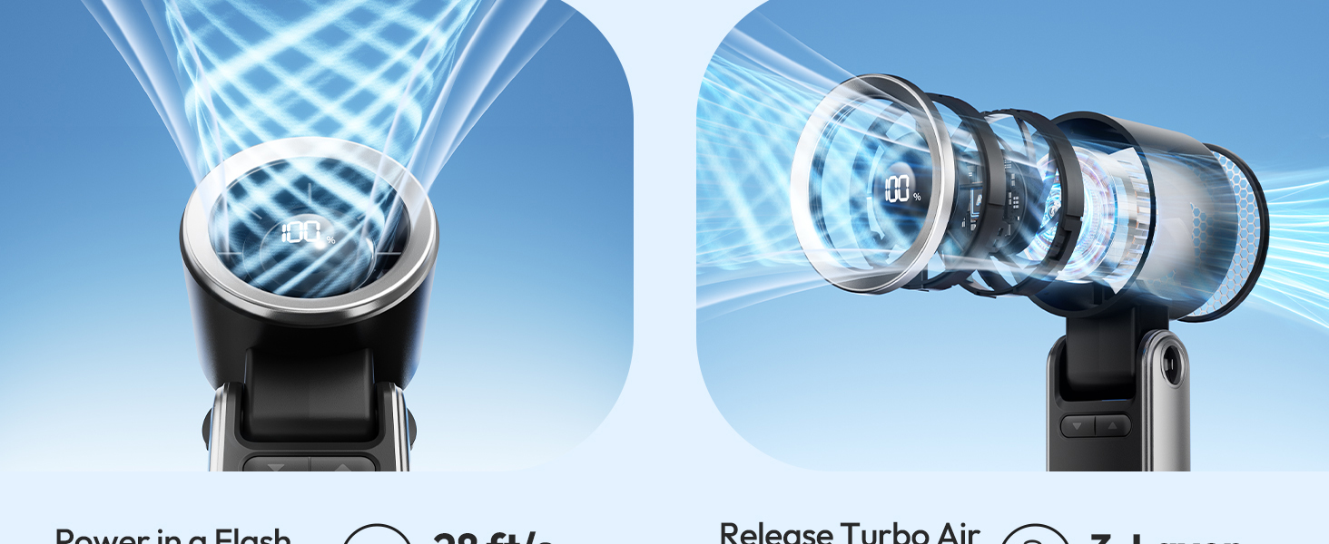 Text reads 'Power in a Flash', 'Release Turbo Air'. Product showcase with blue lighting effects showing different angles of mechanical or electronic device components.