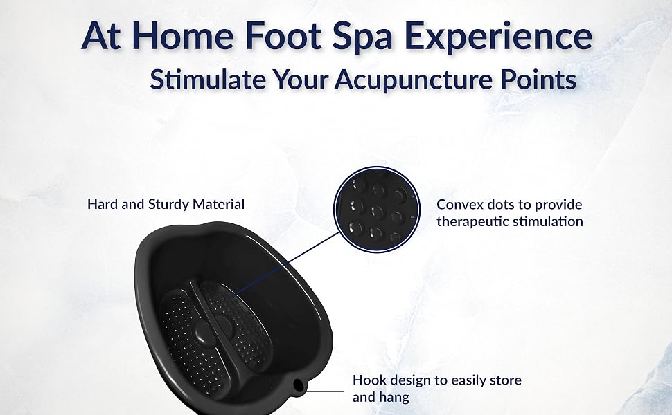 AWA black foot soaking tub with textured massage dots and a built-in hook for easy hanging storage