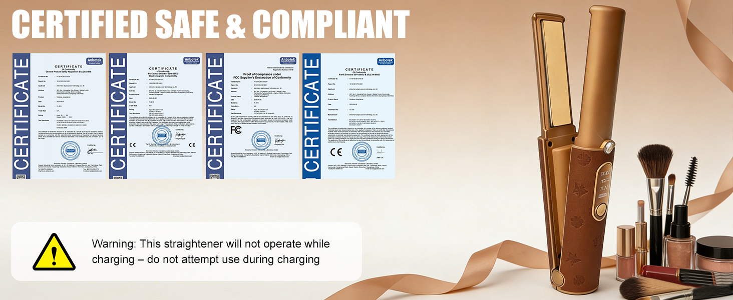 Text reads 'CERTIFIED SAFE &amp; COMPLIANT'. Display of multiple certification documents and quality assurance certificates with testing demonstrations.