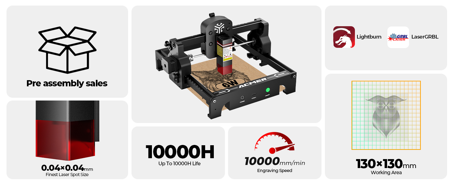 Technical diagram showing laser engraver specifications with multiple panels: 'Pre assembly sales', '10000H', product dimensions 130x150.