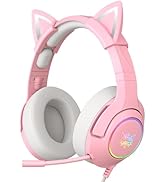 PHNIXGAM Cat Ear Gaming Cute Headset, Wired Over-Ear Headphones with Retractable Microphone, Surr...
