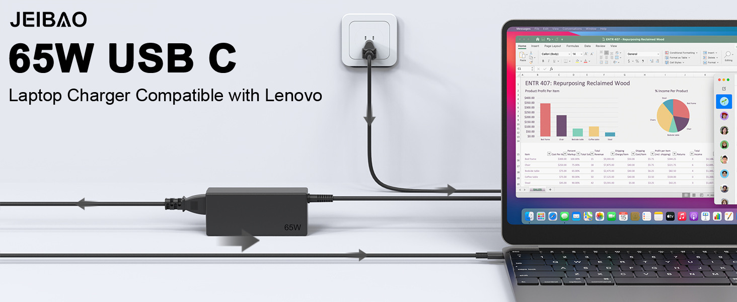 JEIBAO 65W USB C Laptop Charger Compatible with Lenovo