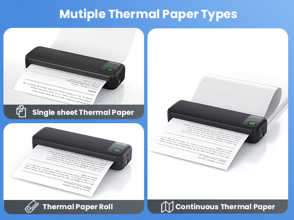 Text reads 'Multiple Thermal Paper Types', 'Single sheet Thermal Paper', 'Thermal Paper Roll', 'Continuous Thermal Paper'. Shows different thermal paper formats and printing examples.