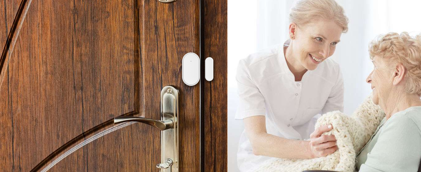 Close-up of white magnetic door sensor or alarm device mounted on wooden door frame surface.