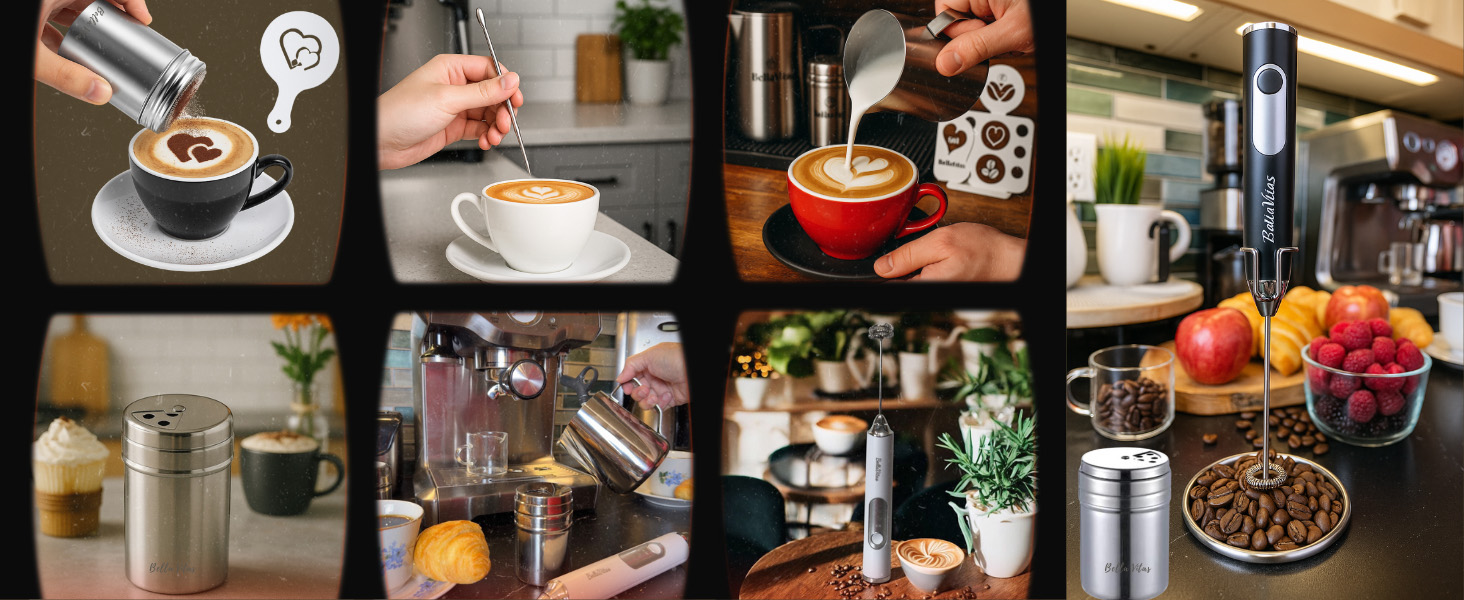 Collage of BellaVitas frother, cocoa shaker with stencil, latte art pen, milk pouring hearts