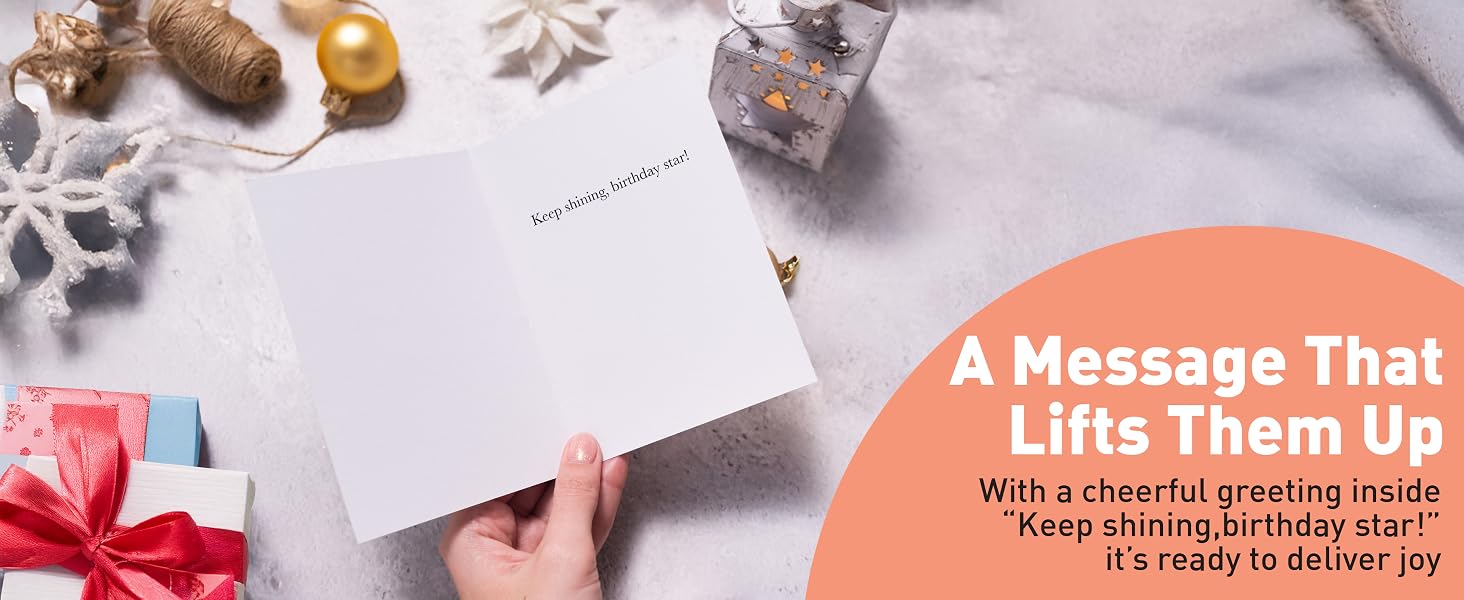 open birthday card showing pre-written message