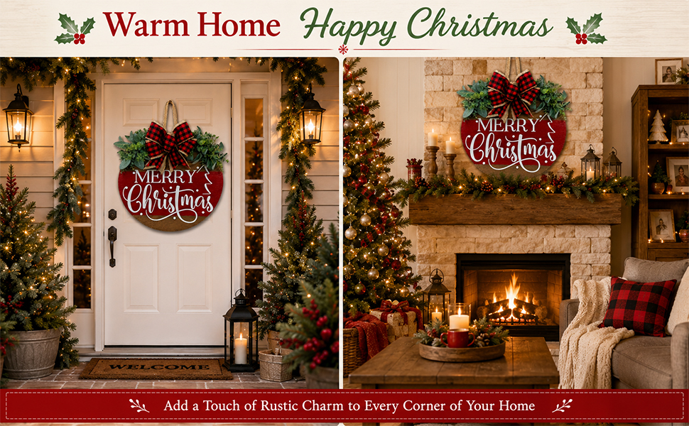 Merry Christmas Door Hanger Sign for Front, Wooden Sign with Bow for Winter Farmhouse Garden 