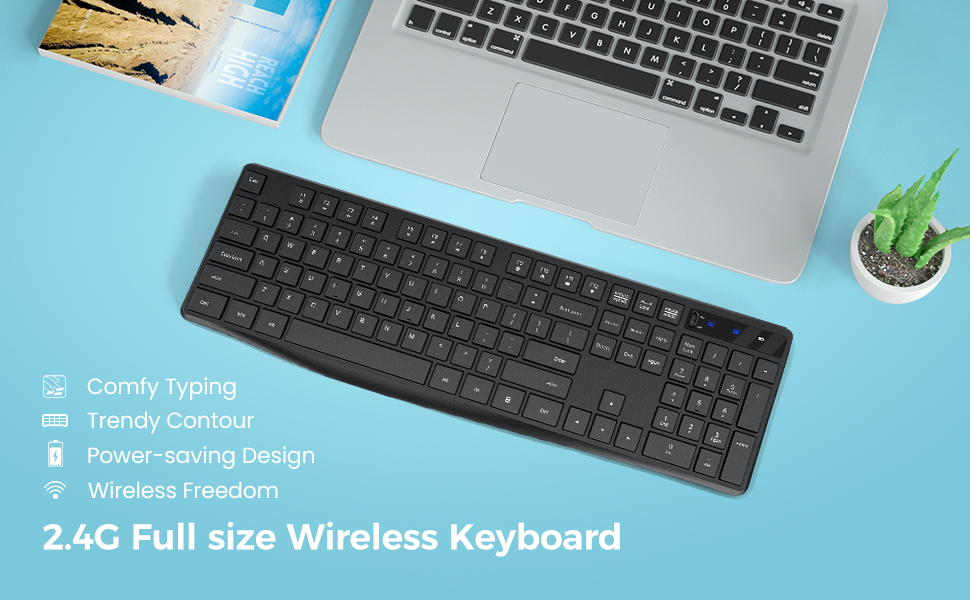 wireless keyboard 8° adjustable tilt legs and integrated wrist rest for comfortable typing