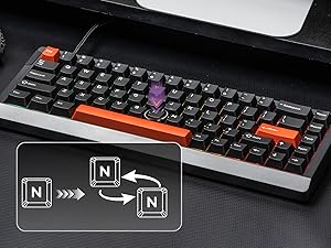Close-up images of a black computer keyboard with letter 'N' highlighted and directional arrows showing movement sequence.