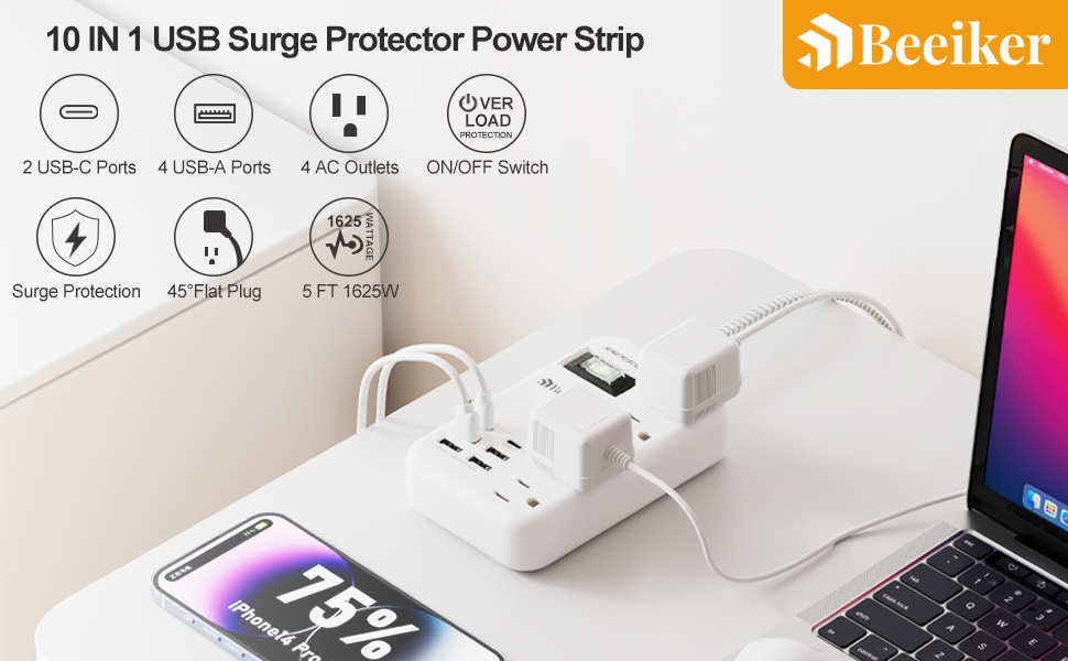6 usb surge protector power strip with 4 AC Outlets