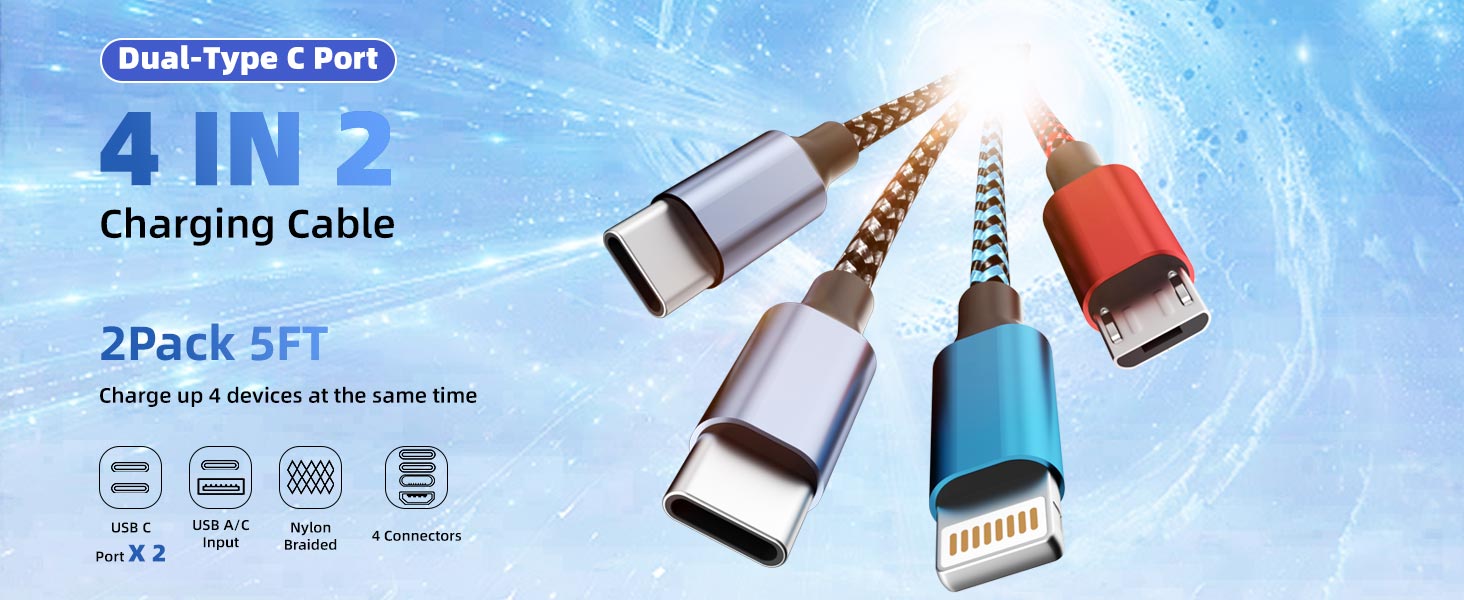 Dual Type-C Port 4 IN 2 Multi Charging Cable 2Pack 5FT