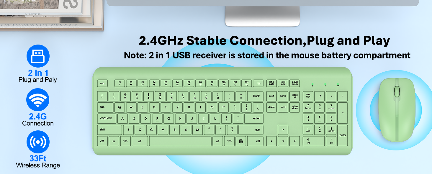Wireless Keyboard and Mouse Combo, Full Size Silent Ergonomic Keyboard Mouse