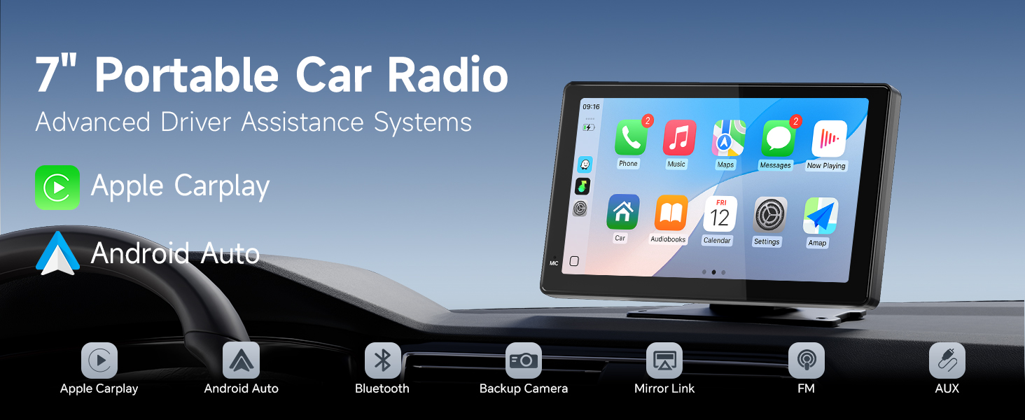Text: '7" Portable Car Radio'. Interface display showing car multimedia system with icons for Apple CarPlay and Android Auto features.