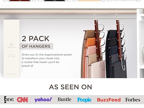 Text reads '2 PACK' followed by logos: 'CNN', 'Yahoo!', 'Bustle', 'People', 'BuzzFeed', 'Forbes'. Product display showing multiple hangers organized in rows.
