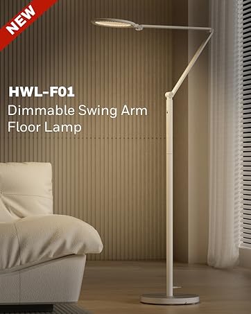 White floor lamp with adjustable arm and head, labeled as 'HWL-F01 Dimmable Swing Arm Floor Lamp'. Shown in a bedroom setting next to a bed.