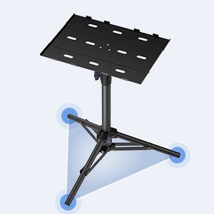 Black metal tripod stand with adjustable height and tilt. Features a flat top platform and blue protective feet on its legs.