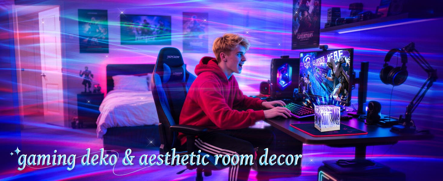 Text reads 'gaming deko &amp; aesthetic room decor'. Room interior with purple and blue LED lighting showing gaming setup with multiple monitors and RGB lighting effects.
