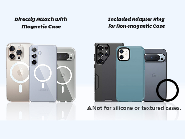 Directly Attach with magnetic Case; Included Adapter Ring for Non-magnetic Case