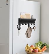 RELBRO Magnetic Key Holder for Fridge, Metal Wall Mount Key Rack with Shelf, 6 Hooks, 2 Installat...