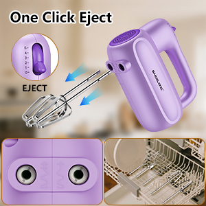 Text reads 'One Click Eject'. Series of product photos showing a purple and white electronic device with eject mechanism and USB connection points.