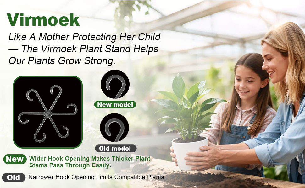 Mom and daughter happily tending plants, with a comparison of old and new stem supports