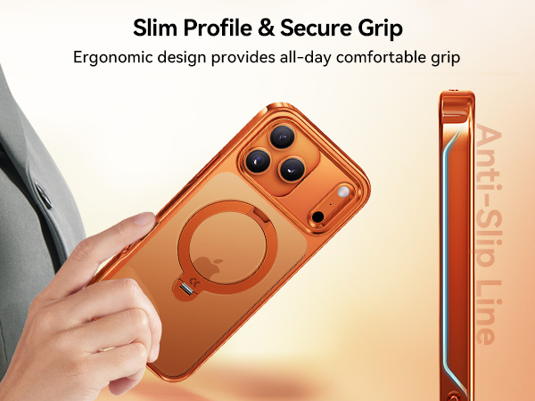 Orange for iPhone 17 Pro Case with 360 Spin Magnetic Stand Slim Polished Clear