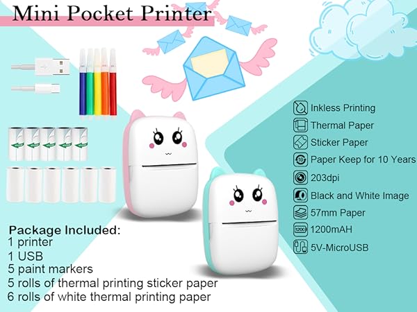Mini Sticker Printer 10 Rolls Paper Thermal Portable Sticker Maker, Bluetooth Inkless Printers