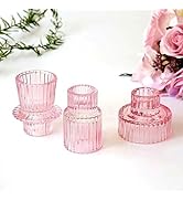 Ni-JASW Pink Ribbed Glass Taper Candle Holders, Candlestick Tea Votive Candle Holders for Table C...