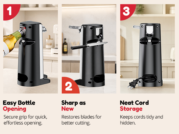 NK-0683 Davivy Multi-use electric can opener with bottle opener, knife sharpener and cord storage