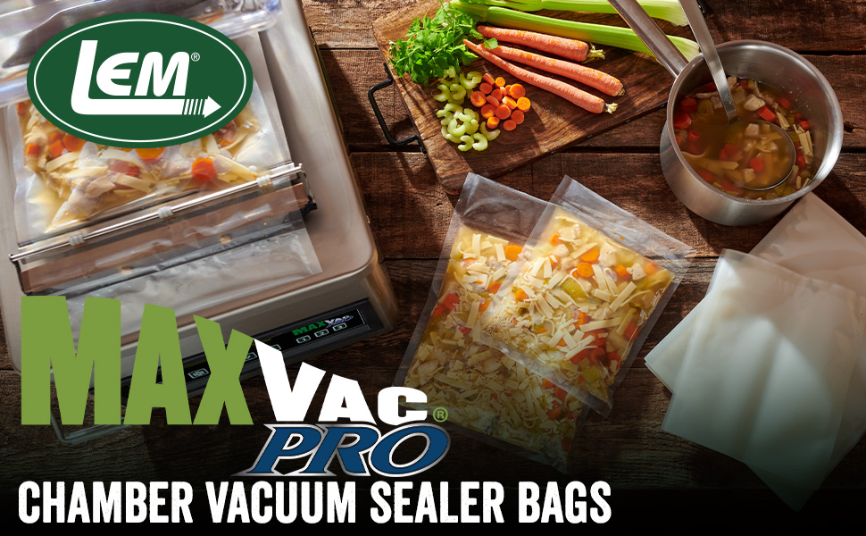 LEM MaxVac Pro Chamber vacuum sealer bags logo with machine, bags, and food shown