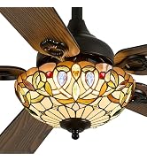 Kunywooe 52" Tiffany Style Ceiling Fans with Lights, Vintage Chandelier Ceiling Fan with Stained ...