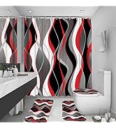 BEIFIVCL 4Pcs Red Shower Curtain Sets with Non-Slip Rugs, Toilet Lid Cover and Bath Mat, Black an...