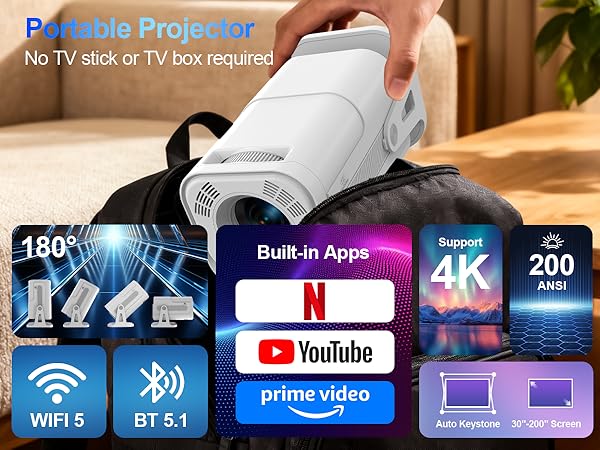 Built-in App Smart Portable Projector 4K Support