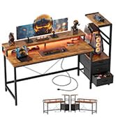Mericonia Gaming Desk with Power Outlets &amp; LED Lights, Reversible Computer Desk with PC Case Stan...
