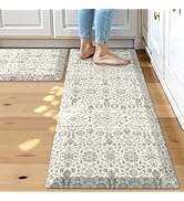 Collive Kitchen Mats for Floor 2 Piece, Cushioned Anti Fatigue Mat Beige Floral Rugs Non Slip Wat...