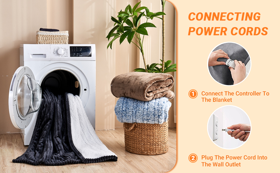 Text reads: 'CONNECTING POWER CORDS', '1. Connect The Controller To The Blanket', '2. Plug The Power Cord Into The Wall Outlet'. Installation guide showing electric blanket setup steps.