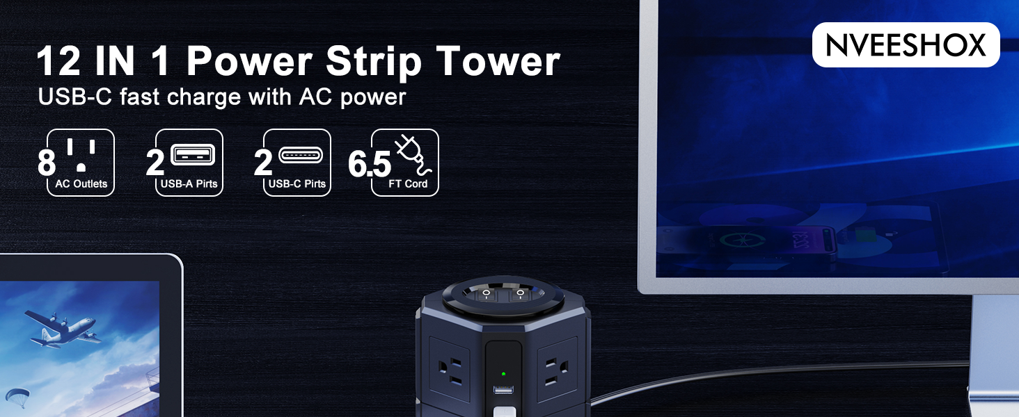NVEESHOX 12 IN 1 Power Strip Tower