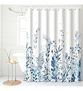 Baires Bath Watercolor Shower Curtain, Light Blue Eucalyptus Leaf Flower Shower Curtain for Bathr...