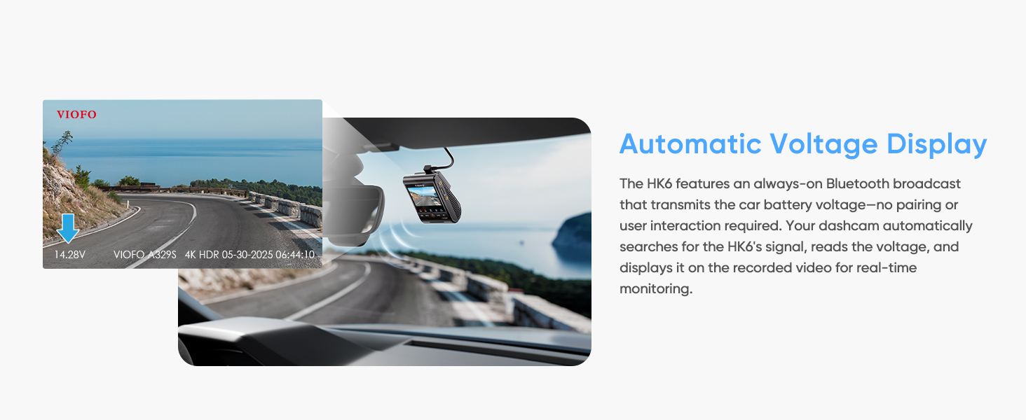 HK6 hardwire kit automatic voltage display: real-time battery voltage overlaid on dashcam video.