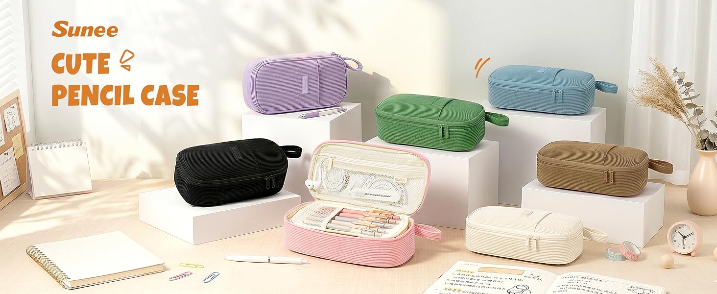 SUNEE Cute Pencil Case, Pen Pouch, Colored Large Pencil Bag with Zipper, Kawaii School Supplies