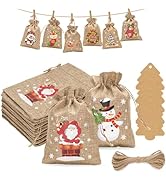 G2PLUS Christmas Drawstring Burlap Gift Bags, 24 Pack Christmas Advent Calendar Bags, 8 Designs C...