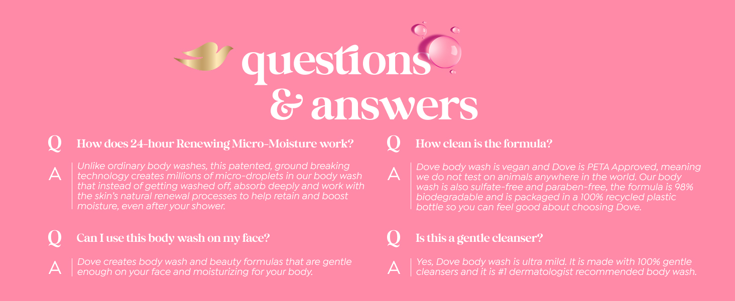 Q&amp;amp;A section on a pink background with a golden dove emblem &amp;amp;amp; soft bubbles.