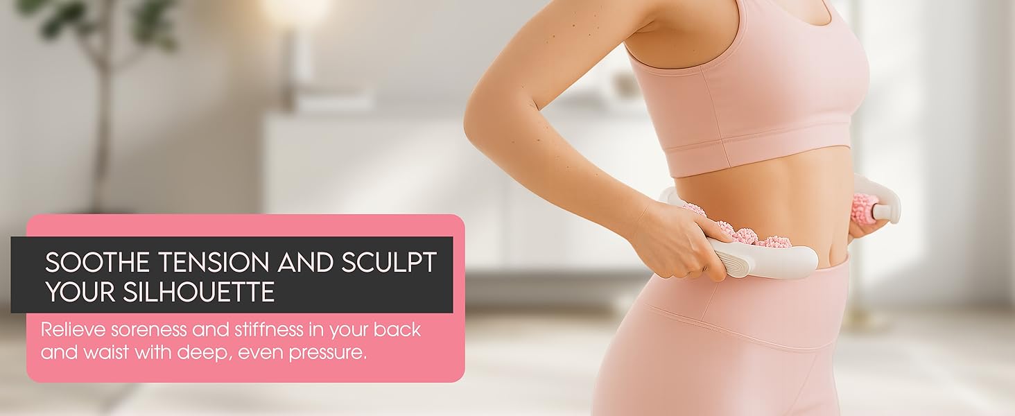 person using aydia massage roller on back for pain relief and toned body