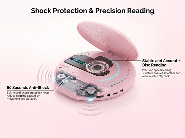 Pink portable CD player with anti-shock function