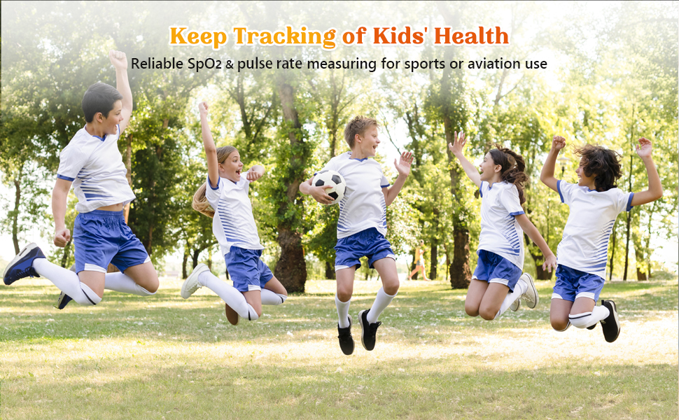 Children jumping outdoors. Text overlay: 'Keep Tracking of Kids' Health - Reliable SpO2 &amp; pulse rate measuring for sports or aviation use.'