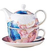Jusalpha Fine China Rainbow Galaxy Series Teapot for One, Pink/Blue Teapot with Teacup and Saucer...