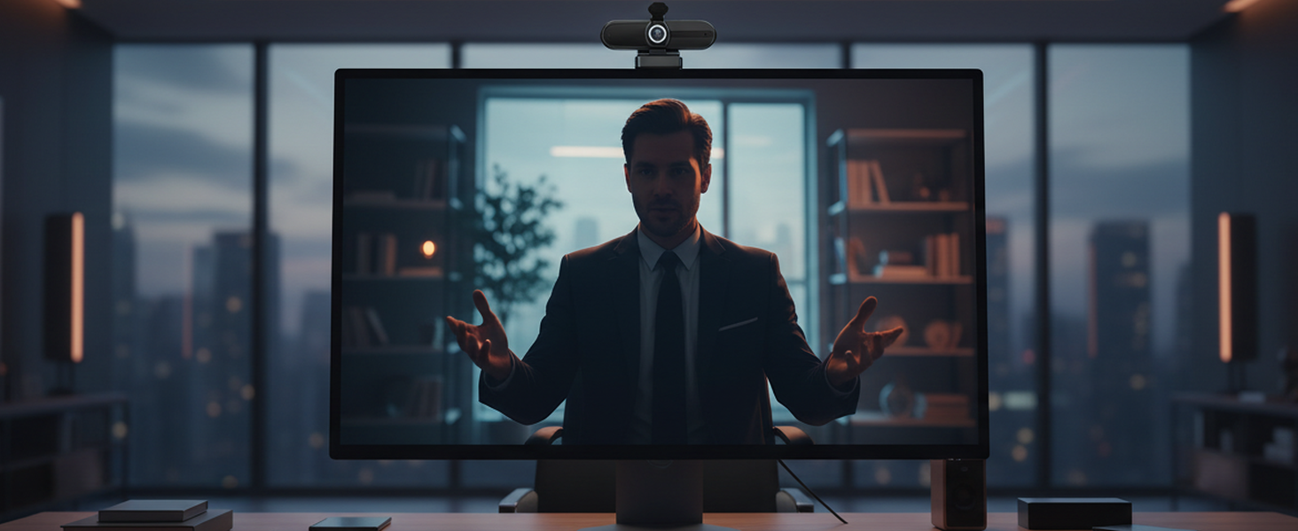 A man in a suit on a video call on a monitor with a webcam, in a dim office overlooking a city.